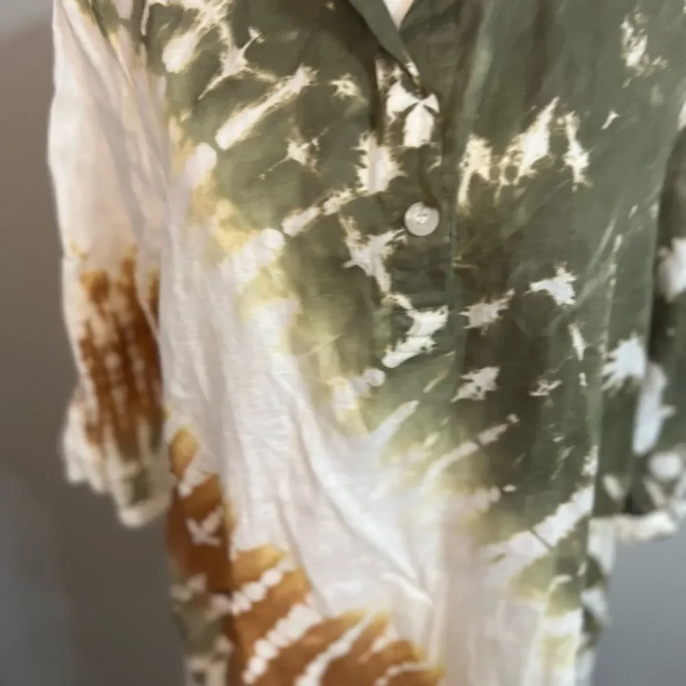 Xovi Linen Shirt Green Medium Tie Dye Tunic Length Pockets Convert Sleeves - Picture 3 of 13